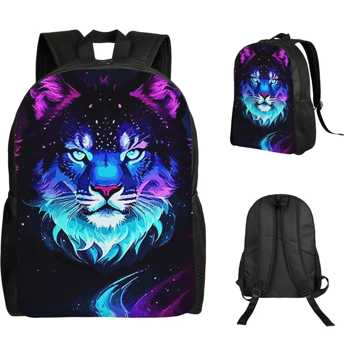 Cosmic Neon Tiger Spirit Space Galaxy Wolf Lion Face Student Backpack School Bag Hiking Travel Daypack Bookbag Shoulder Bags