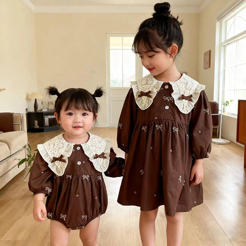 

2026 New Spring Sister Dress Children Clothing Girls Princess Dress Long Sleeved Cotton Toddler Baby Bodysuits Kids Party Dress