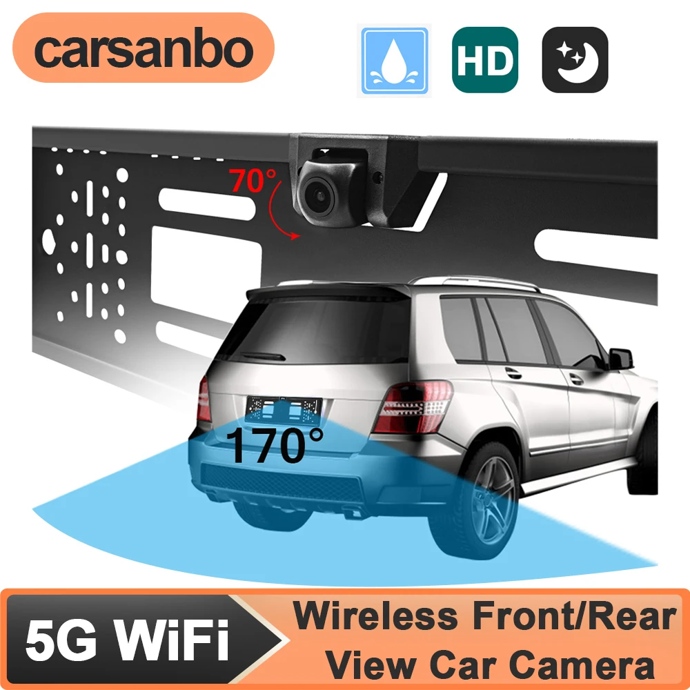 

Carsanbo WiFi 5G Car Wireless Front/Rear View Backup Reverse Parking Camera EU License Plate Frame for IOS/Android Night Vision
