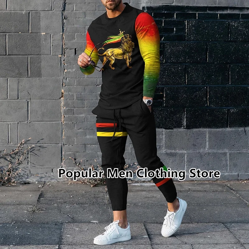 

2023 Men's Tracksuit 3d Lion Printed Men Set 2 Piece Jogger Long Sleeve T-Shirt+Trousers Fashion Oversized Male Sportswear Suit