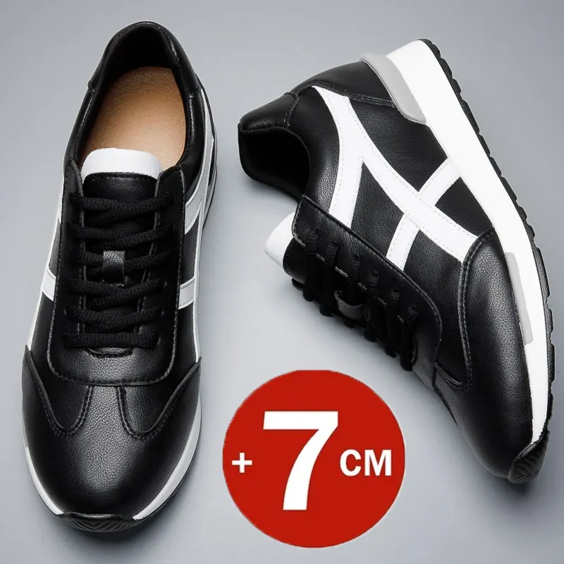 Sapatilhas casuais confortáveis para homens, Calçado Elevador Esportivo, Salto Escondido, Sapatos de Altura Preto e Branco, Moda, 7cm