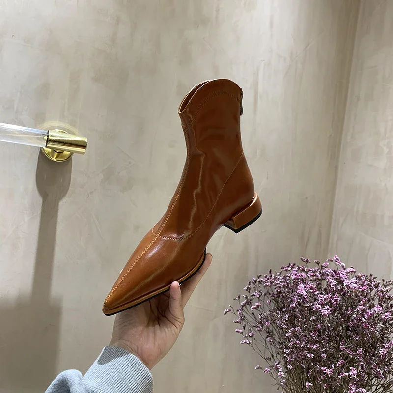 2023 New Spring Women Boots Pointed Toe Ankle Boots Ladies Fashion Zip Shoes Female Low Heel Pumps Patent Leather Short Boots