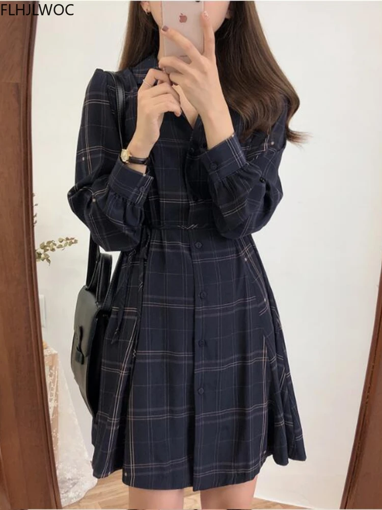 Autumn Basic Mini Dresses Hot Women Long Sleeve Japan Korean Style Design Cute Sweet A Line Vintage Girls Plaid Shirt Dress