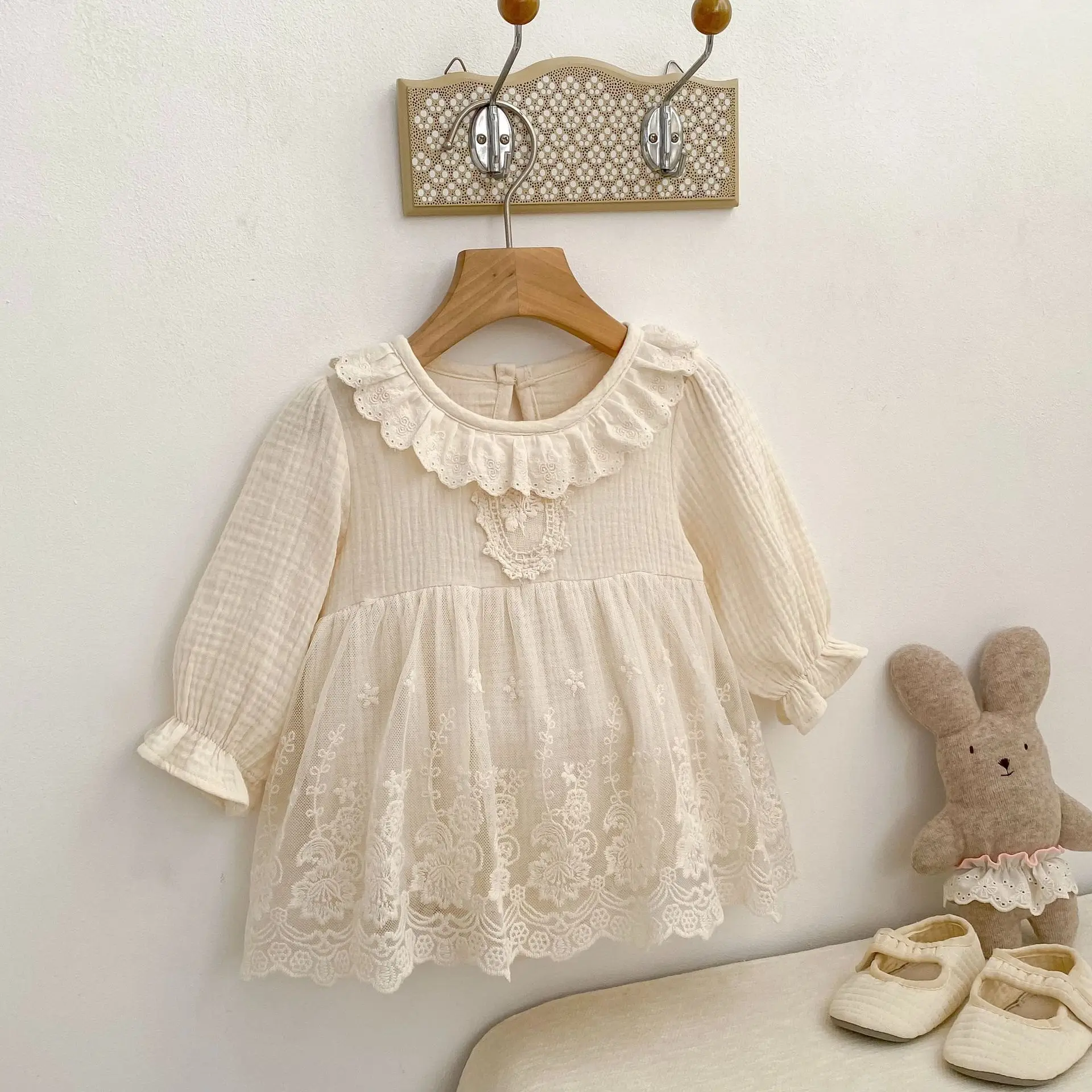 

2026 Spring New Baby Long Sleeve Dress Cotton Girls Cute Lace Collar Princess Dress Solid Infant Girl Mesh Dress Toddler Clothes