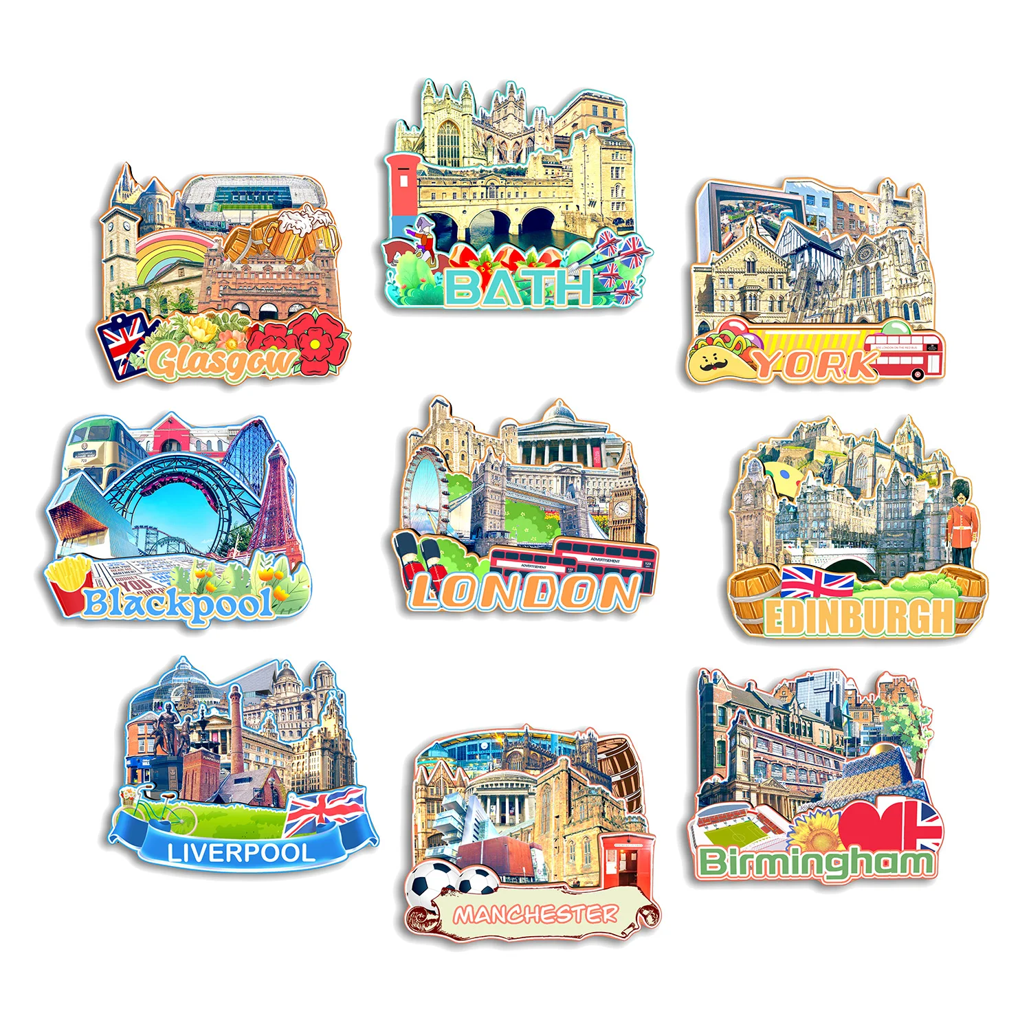 London Birmingham Manchester Liverpool Edinburgh Blackpool York Glasgow Bath UK Fridge Magnet Travel Souvenir Gift