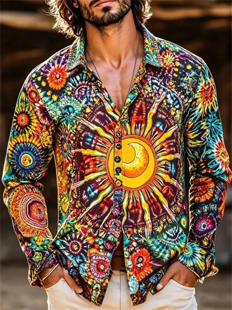 New Bohemian style color patchwork 3D printed pattern men's long sleeved shirt hippie retro casual shirt