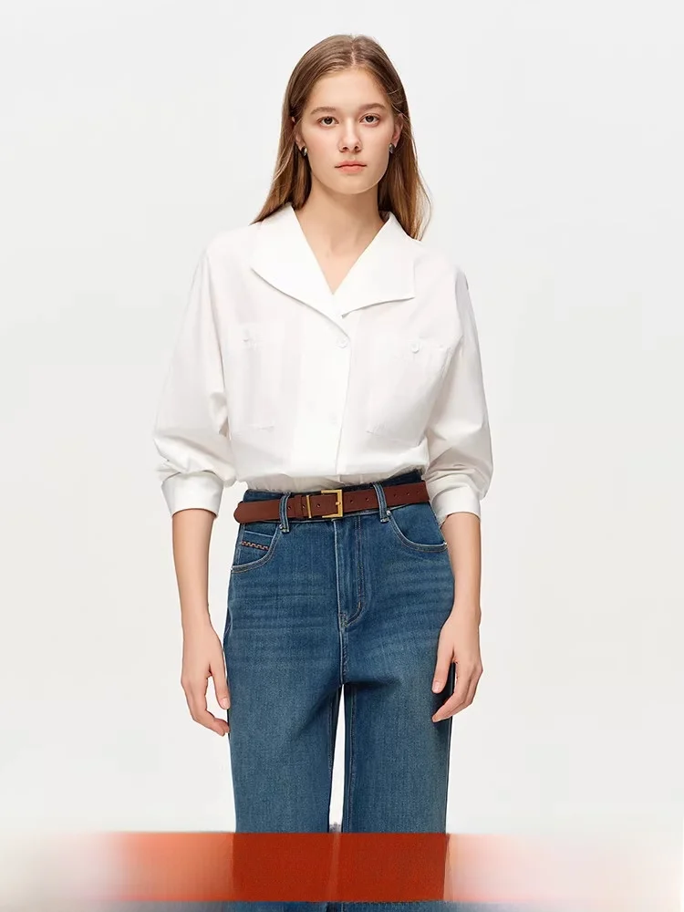 

Ele Pure Cotton White irt Casual Long Sve Commute Women's Top Versatile Spring 2026 New Arrival Simple Design