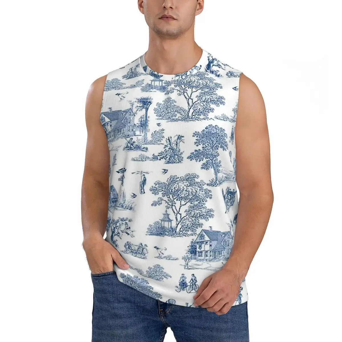 Toile De Jouy French Motif Men Sleeveless Tank Tops Quick Dry Breathable Gym Fitness Running Summer Casual Sport Vest