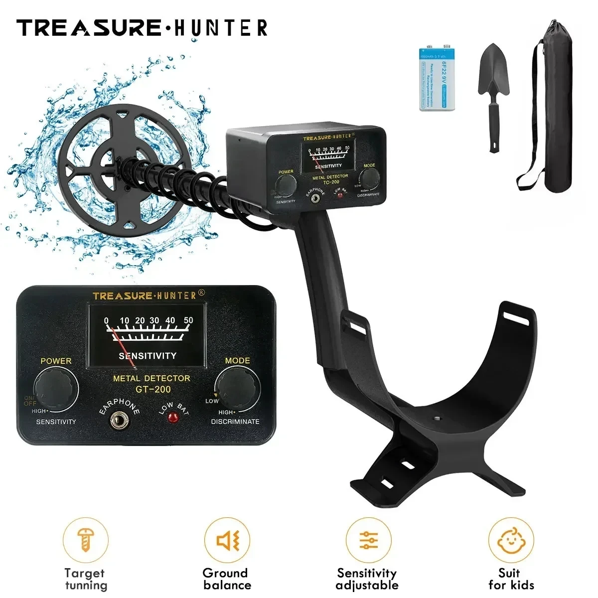 

Treasure Hunter GT200 Metal Detector with battery Professional High Sensitive Underground Iron Gold Detector Waterproof IP68