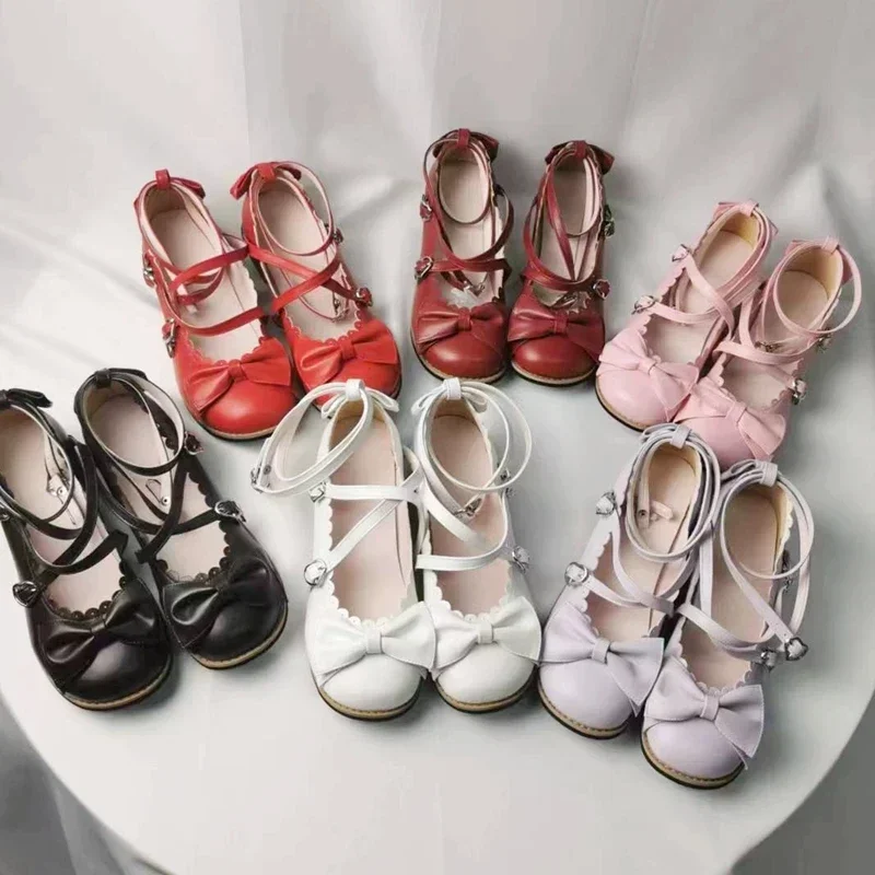 Lolita Shoes Women Flats Low Round With Cross Straps Bow Cute Girls Princess Tea Party Shoes Students Lovely Shoes Size 34-41