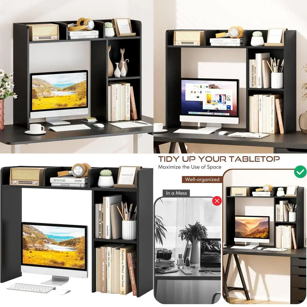 

3-Tier Black Wood Desk Hutch Organizer with 5 Shelves for Office and Dorm Storage