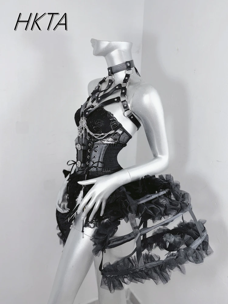 Donkere Stijl Goth Metalen Ketting Taille Rose Feather Geborduurde Tube Top Y2k Vrouwen Zomer Dunne Kant Geplooide Shorts Zwarte Rok Sets