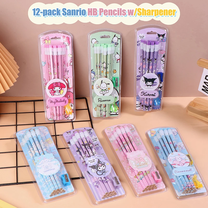 12 Pack Kawaii Sanrio Kuromi HB Pencils W/Sharpener Anime Cinnamoroll Pochacco My Melody Writing Drawing Pencils Sketch Pens