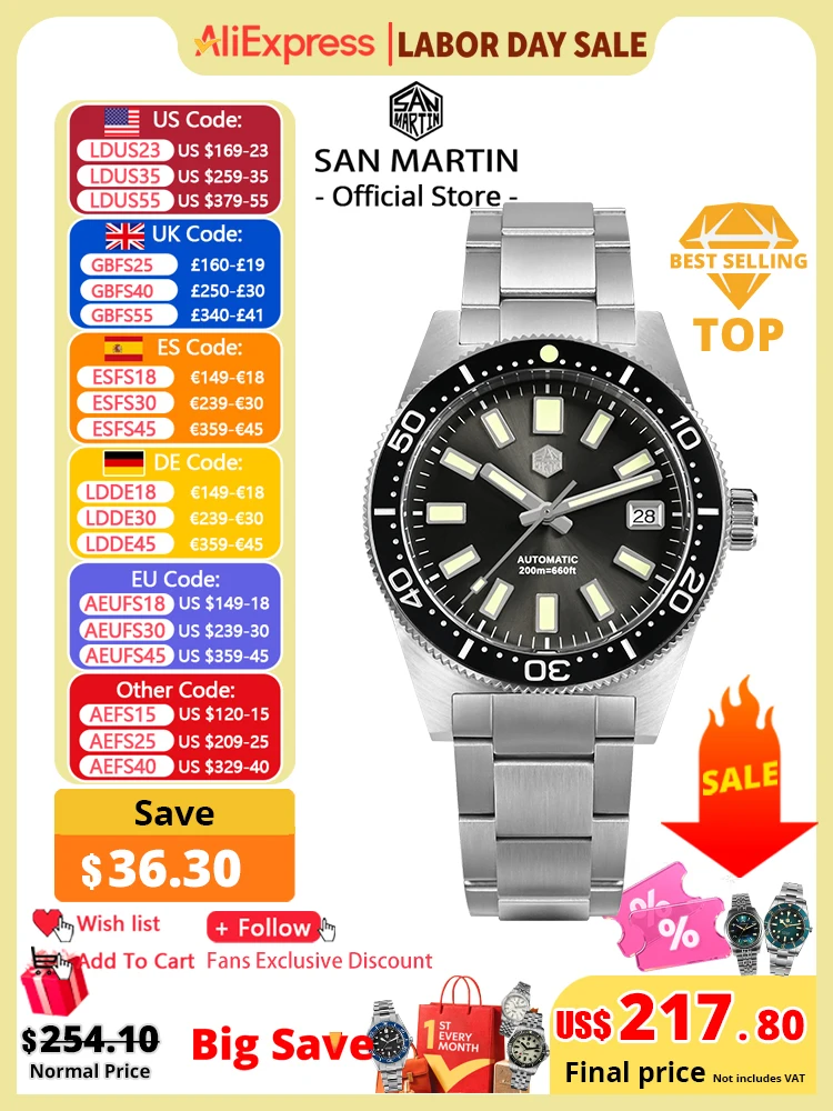 San Martin 62mas Diver Watch 39mm Classic NH35 Men Automatic Mechanical Watches Sapphire Waterproof 200m  SLN C3 Luminous SN0007