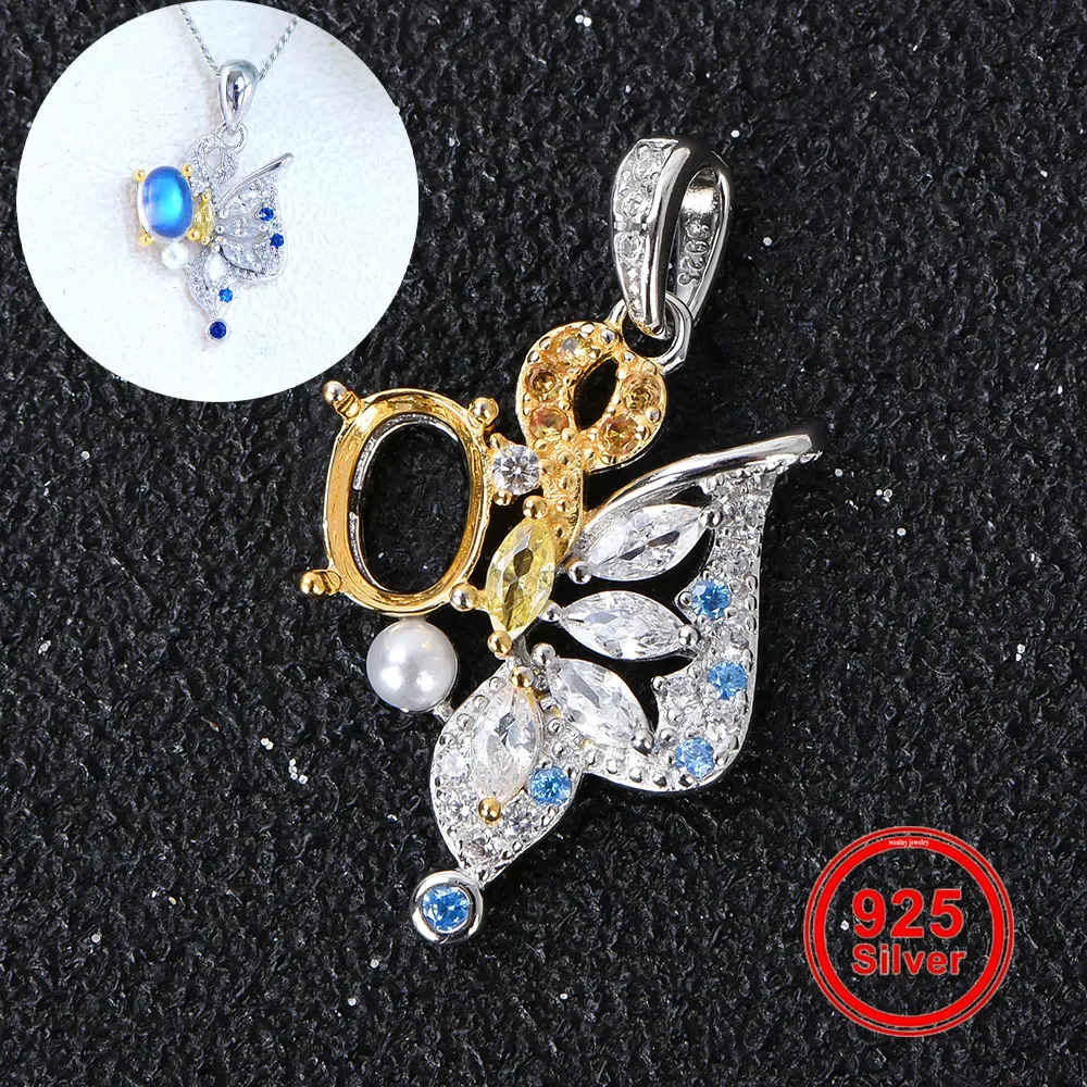 

S925 Sterling Silver Two-Tone Butterfly Pendant Setting, Blank Mount for 4x5-7x9mm Stones, DIY Handmade Jewelry Making Supplies