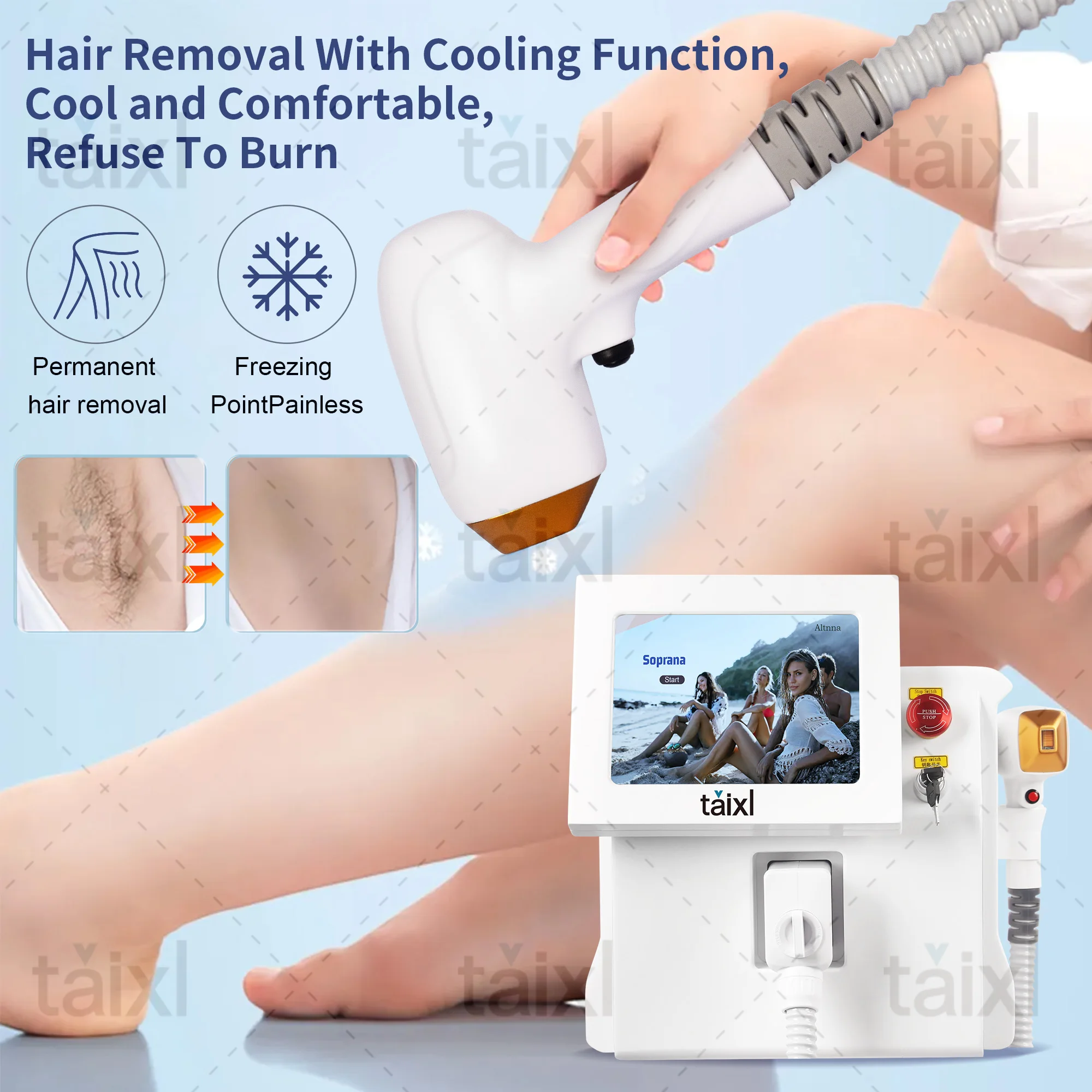 

808 755 1064nm Alexandria Equipment 3 Wave Portable Permanent Professional Diode Ice Titanium Laser Body Hair Removal Machine