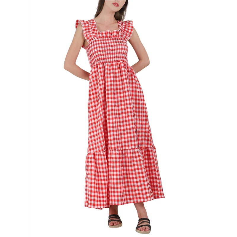 Vestido largo con volantes y tirantes finos a cuadros retro para mujer