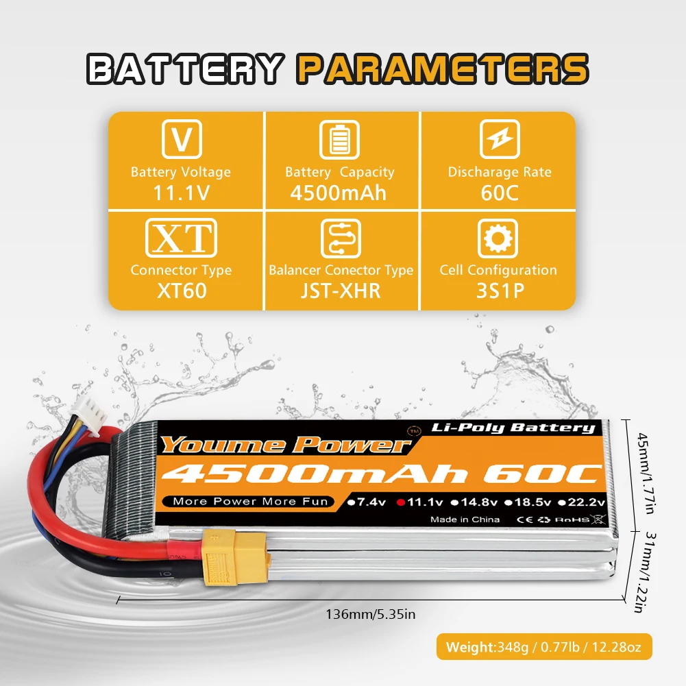YOUME 4500mah Lipo 2S 3S 4S 6S Battery 7.4V 11.1V 14.8V 22.2V 50C