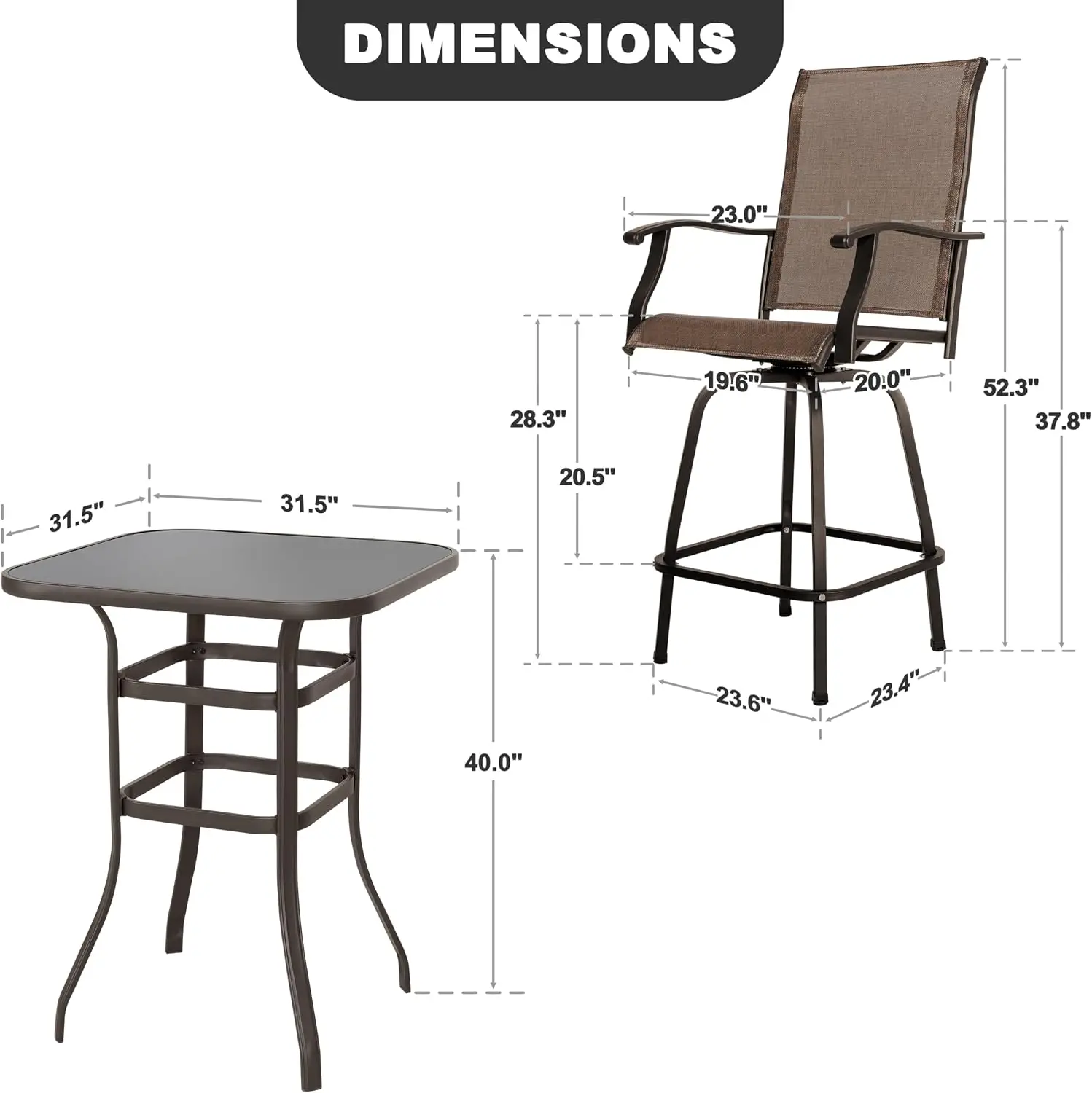 3 Piece Patio Bar Set, All Weather Mental Textilene High Stools Set Outdoor Swivel Bar Chair Set of 2 and High Silk Screen Glass