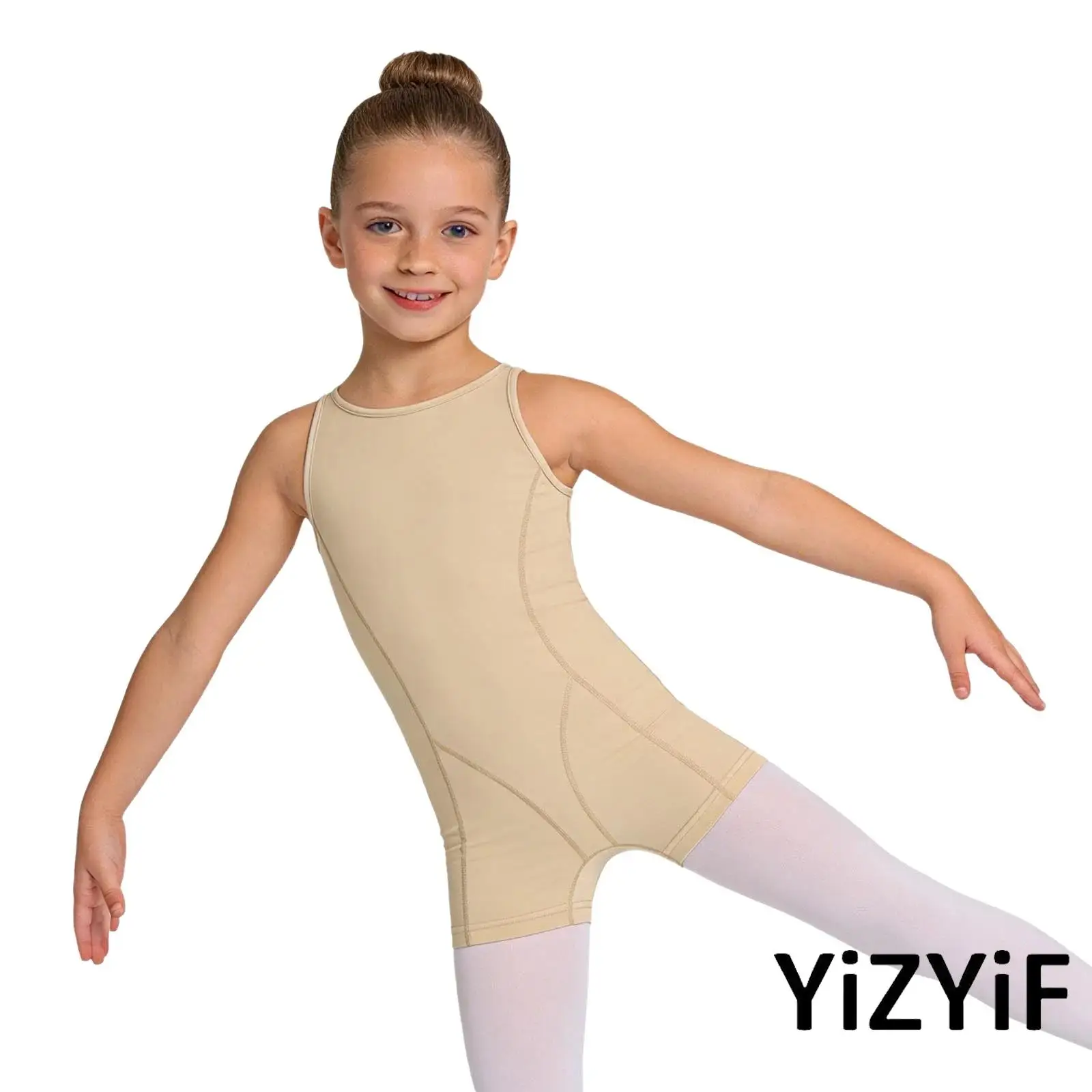 

Kids Girls Latin Jazz Dance Practice Bodysuit Sleeveless Round Neck Back Invisible Zipper Thigh Length Gymnastics Jumpsuit