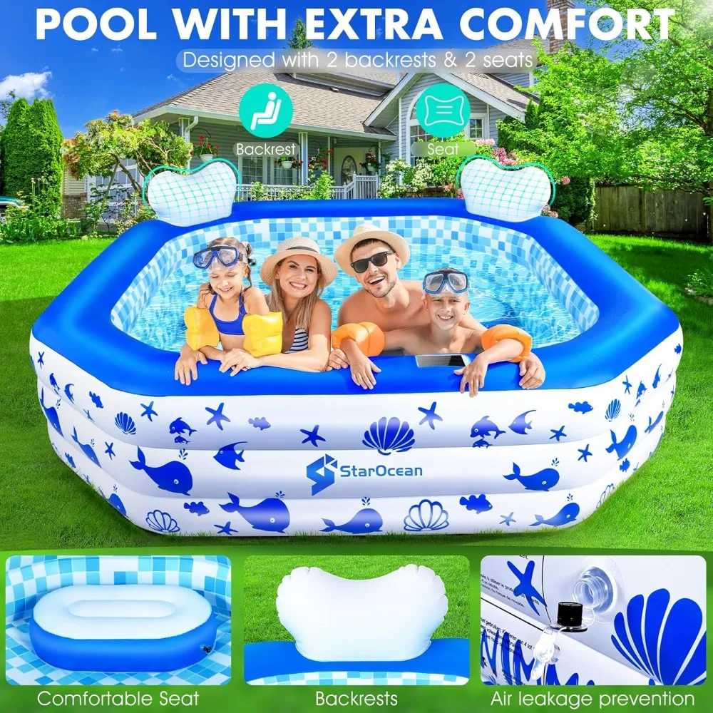 Inflatable Pool with Lights,2024 Solar Inflatable Swimming for Kids,Adults,Blowup w/Remote Control,Large Kiddie