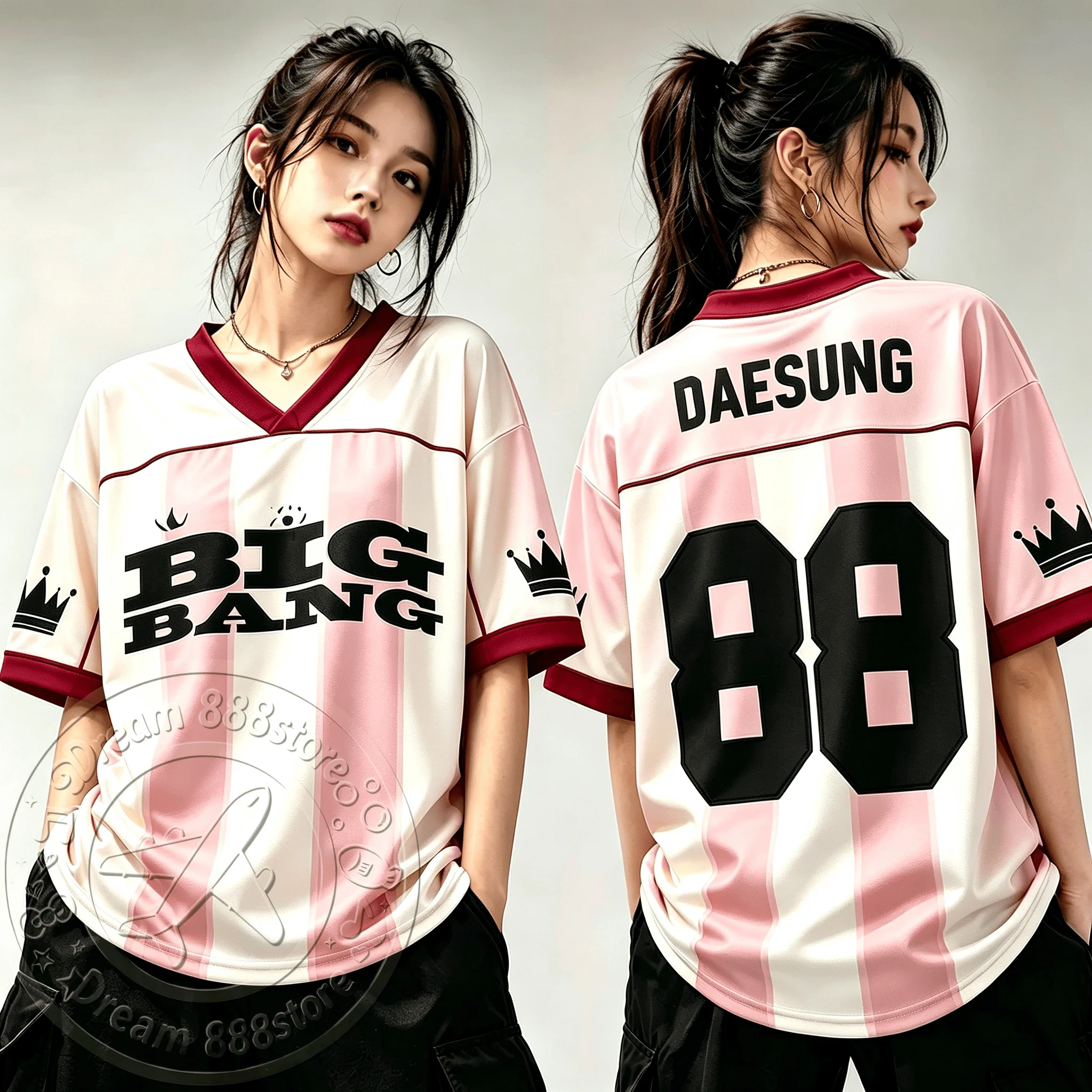 BIGBANG 20Th Anniversary Concert Jersey Pink White Striped Crown Graphic Men Women Loose Casual Kpop Concert Short Sleeve tops