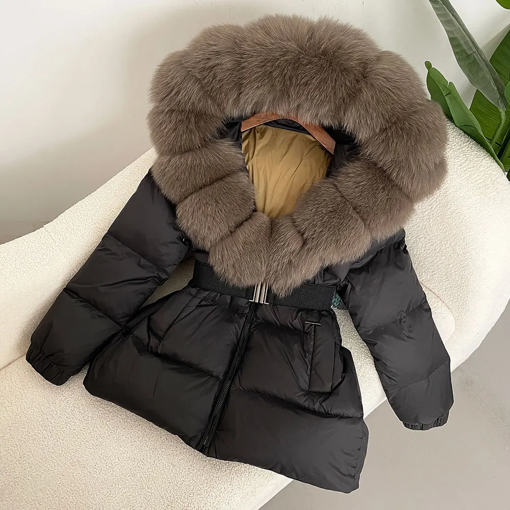 

Fashion 2024 Winter Jacket Women Real Natural Fox Fur Collar Hooded Thick Warm 90% White Duck Down Coat Female Streetwear Casual