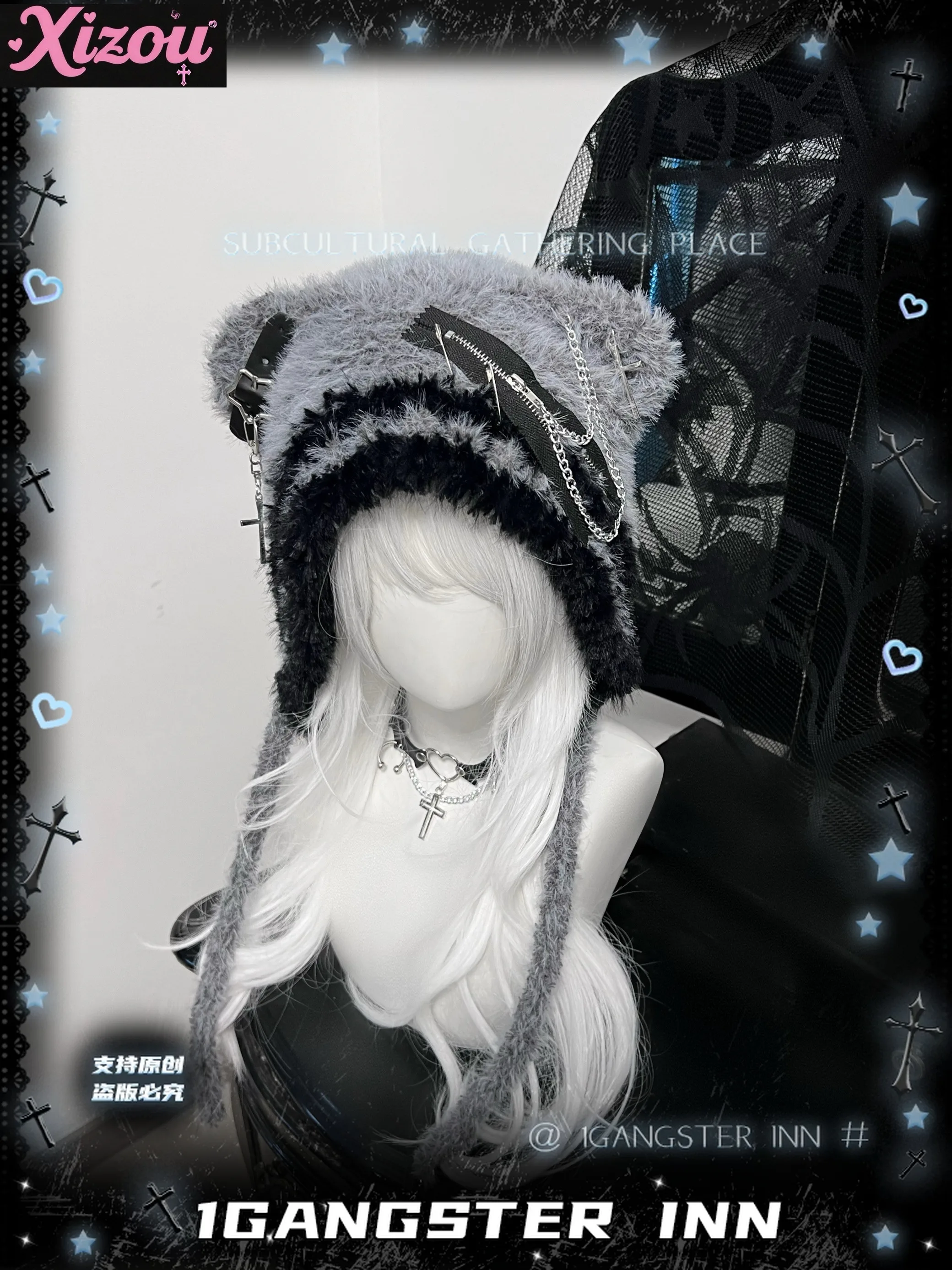 

Japanese Original Subculture Bear Hats Cute Hat Personality Girl Cosplay Accessories Cross Star Wool Hat Niche Dark Hats Female