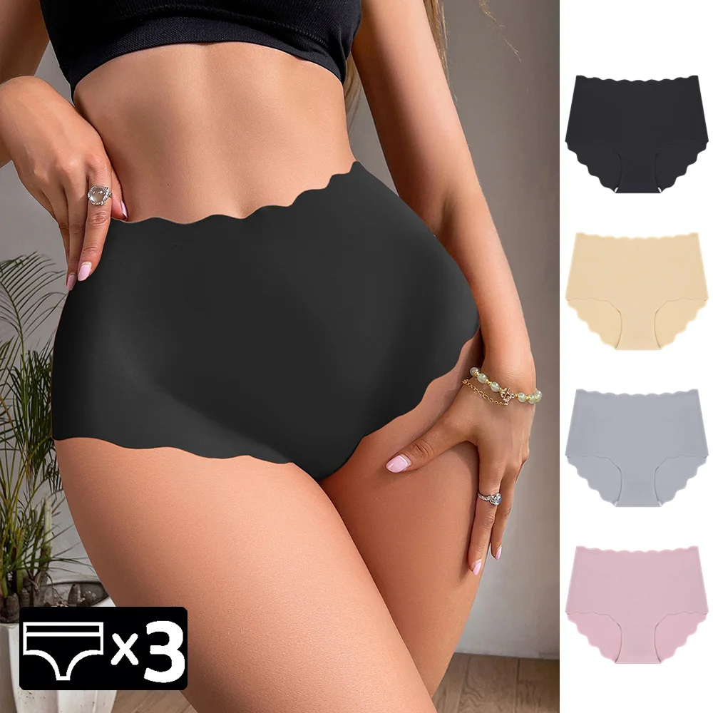 WarmSteps 3Pcs/Set Underwear High-Rise Women\'s Panties Lifting Ruffles Scalloped Briefs Slip Ice Silk Woman Underpants Seamless