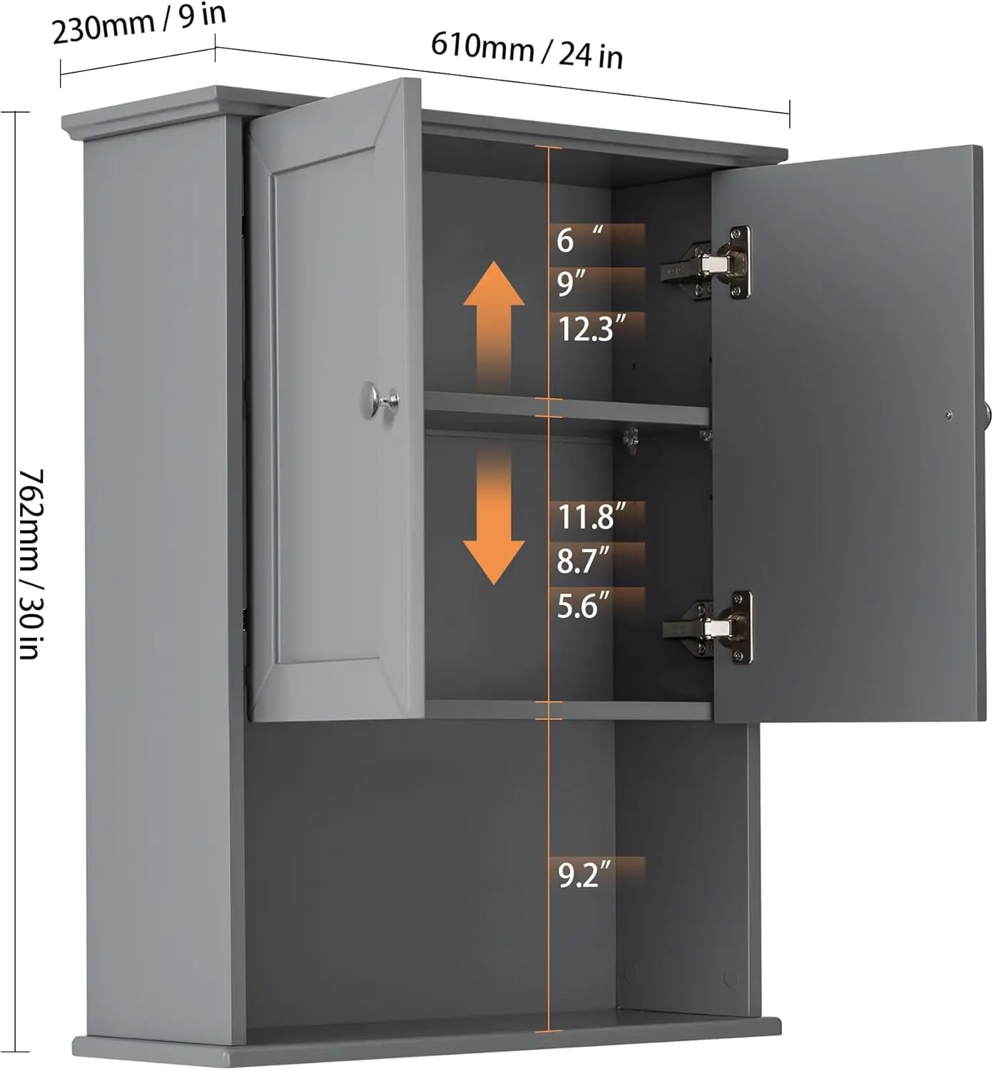 Grey Wall Mounted Bathroom Cabinet 24x30 Inch Wooden Over Toilet Storage Cabinet with 2 Doors, Above Toilet Medicine Cabinets