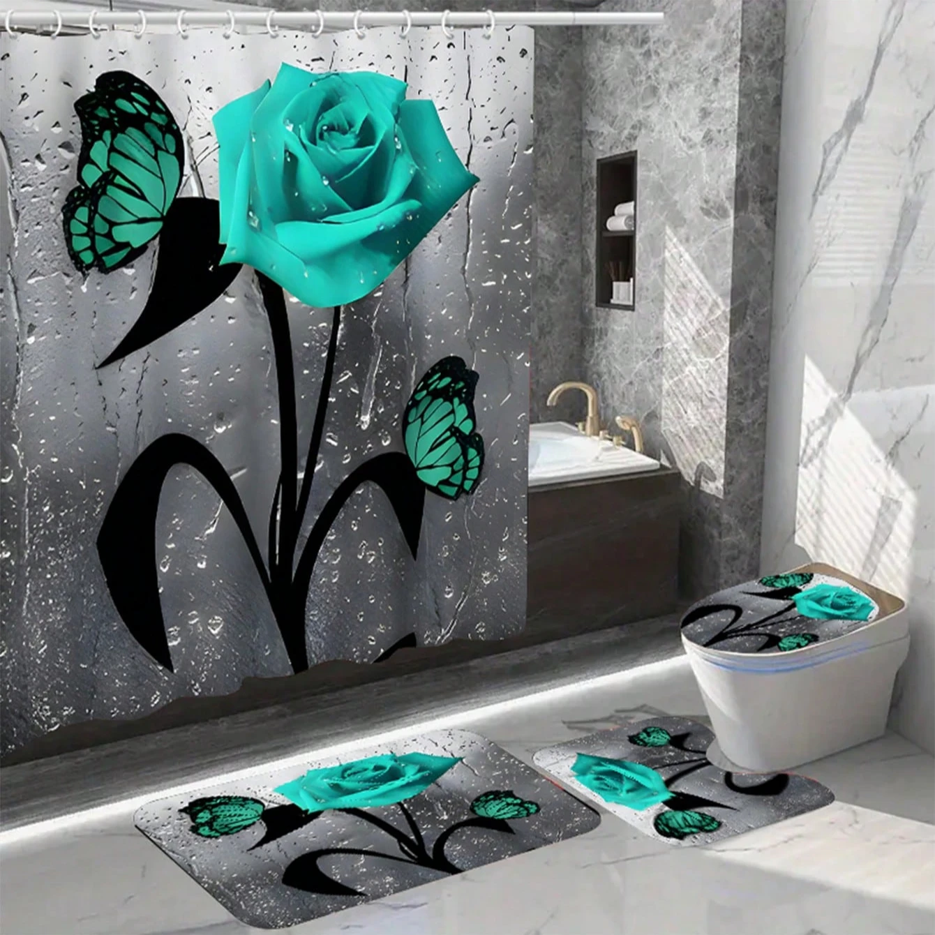 4Pcs Rose Butterfly Bathroom Set:Shower Curtain with 12 Hooks + Waterproof Mat + Toilet Cover, Perfect for Bathroom Decor