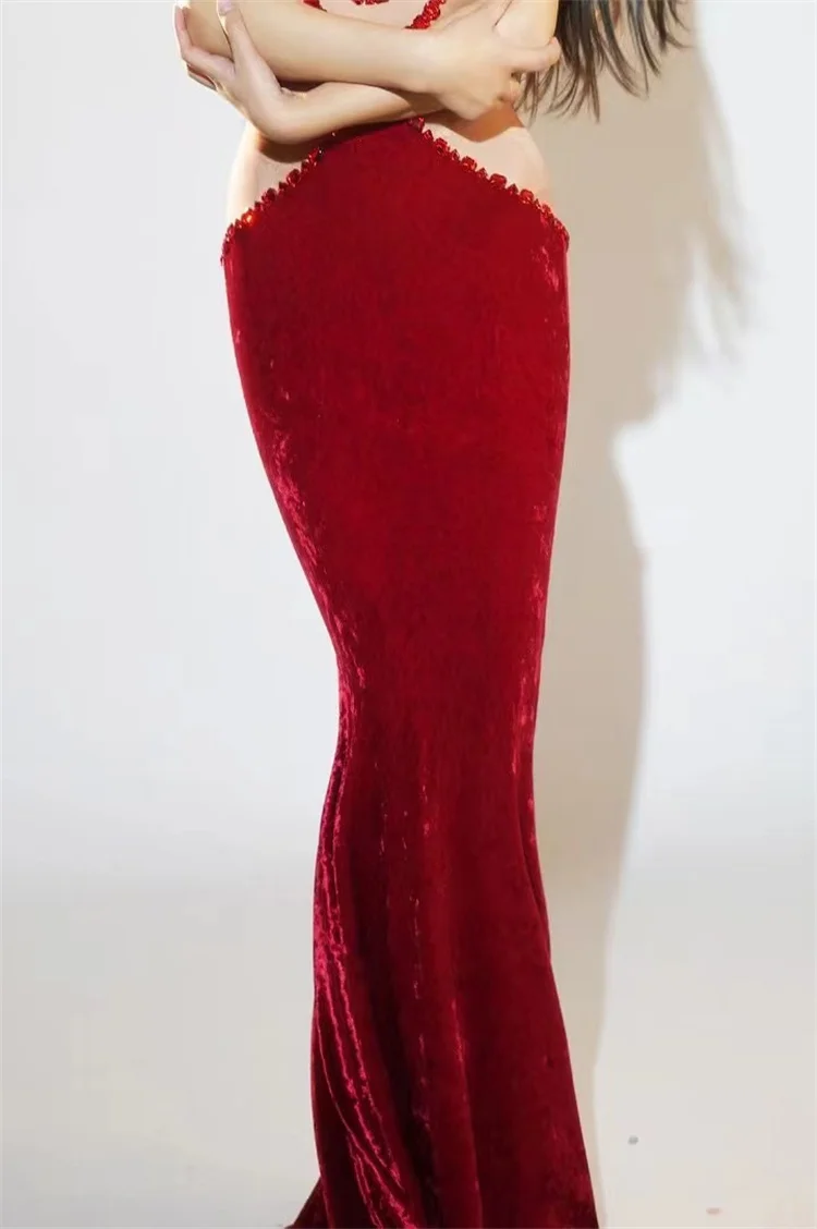 Classic Red Velvet Fishtail Dress, Bride's Engagement Toast Dress, Performance Dress, Female Singer's Classy Elegant