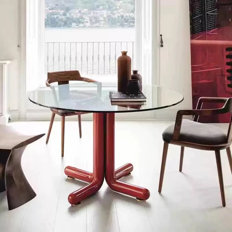 Dopamine minimalist, tempered glass round dining table, household small apartment, medieval color round table