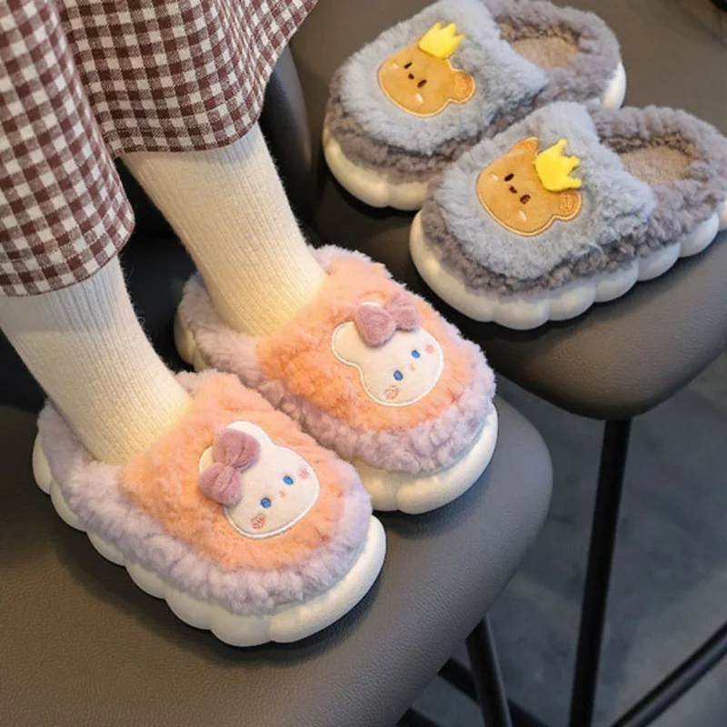 Autumn Winter New Children\'s Plush Slippers Girls Kids Slides Cute Rabbit Toe Wrap Indoor Home Floor Non-Slip Warm Cotton Shoes