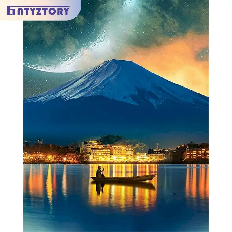 

GATYZTORY Diy Diamond Painting With Frame Lake In Moonlight Full Round Square Mosaic Painting Cross Stitch Crafts For Adults Gif