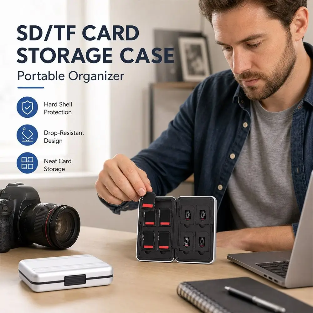 16 Slot Memory Card Case Dual Layer Aluminum Protector SD Cards Storage Box Travel Use Black Silver Micro SD Card Holder - view 2