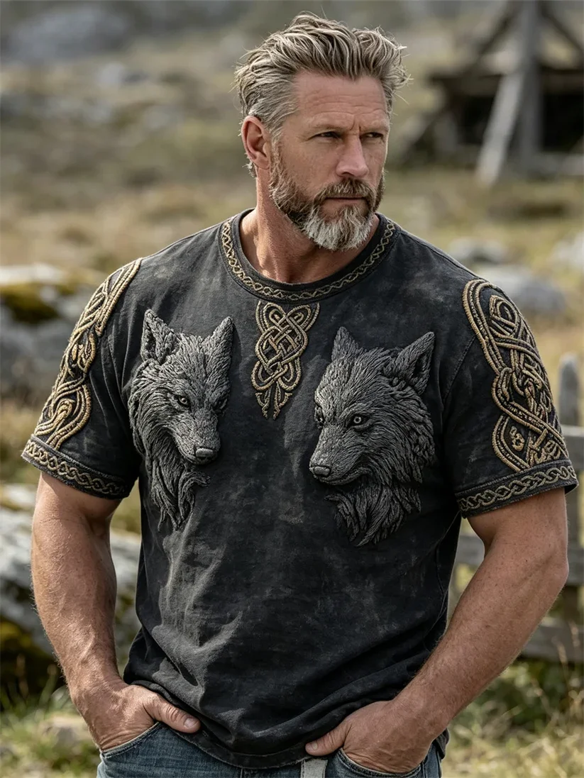 2027 Summer New Style Outdoor Men's Vintage Viking Style 3D Printed Breathable Quick-Drying T-Shirt Family Size Shirt Kids