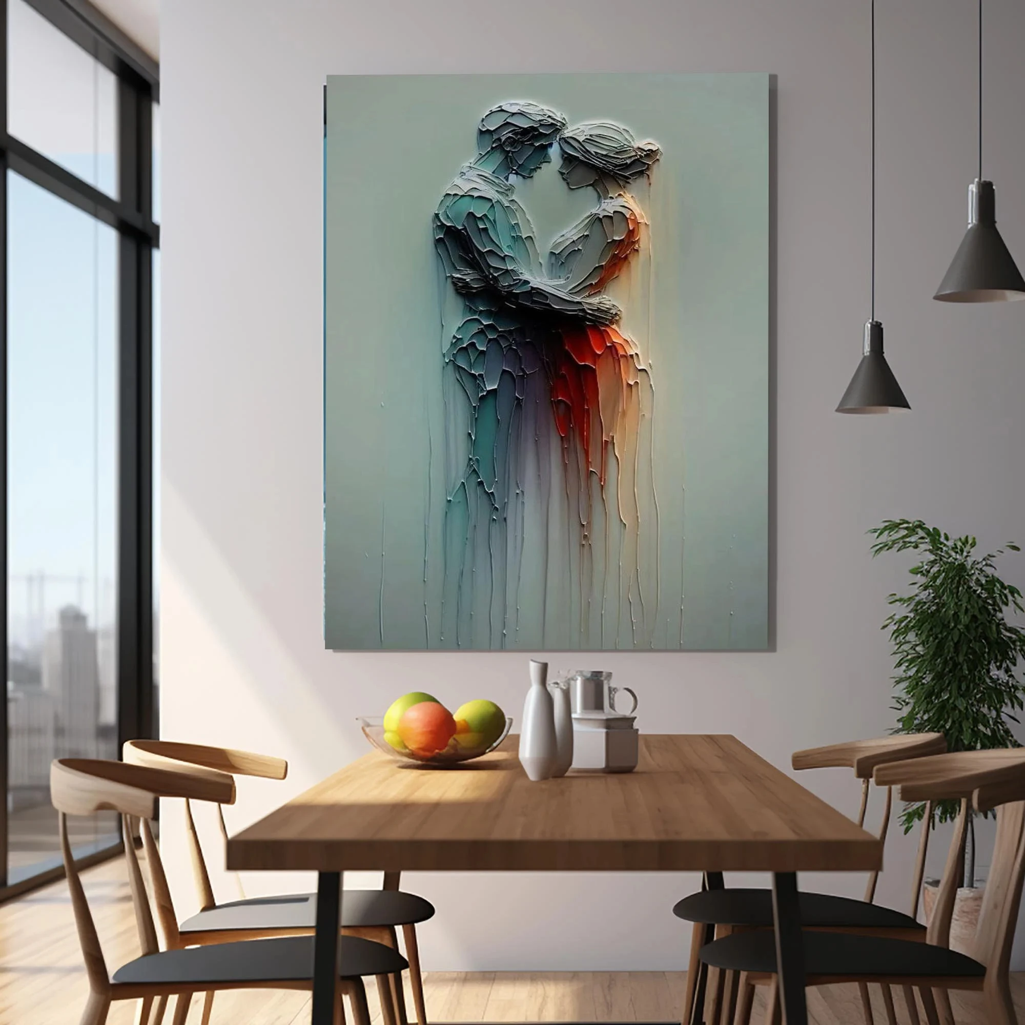 مجردة 2D الإغاثة المسطحة زوجين احتضان قماش جدار الفن - لا طباعة النحت الرومانسي مؤطرة، ملصق عشاق مجردة الحديثة، Uni