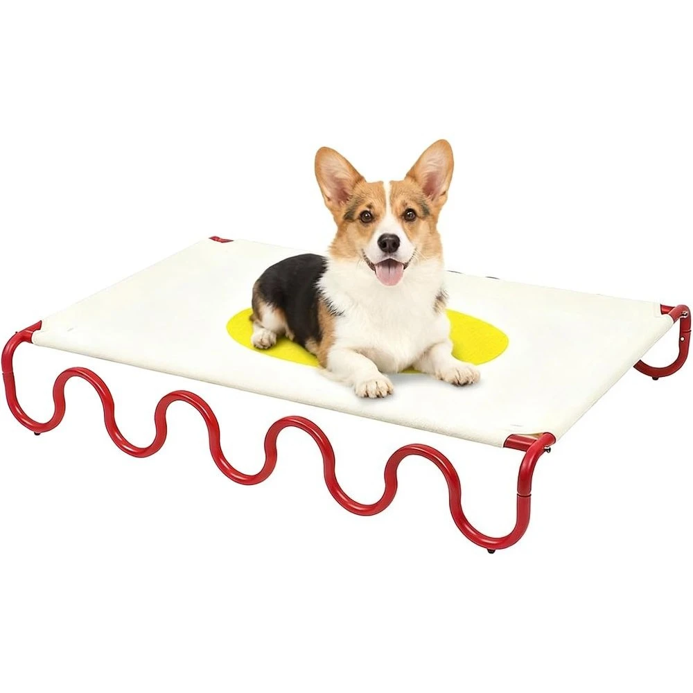 

Дышащая волнистая приподнятая лежанка для животных - стальной каркас, прочная ткань, влагостойкая, для использования в помещении и на улице (белая)