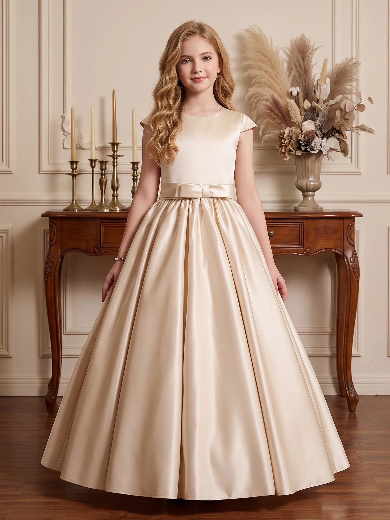 Teen Girls Champagne Satin Princess Dress Cap Sleeve Bow Belt Long A Line Flower Girl Wedding Party Pageant Ball Gown Prom Wears