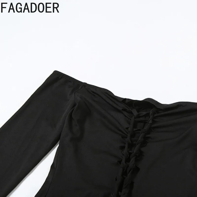 FAGADOER Sexy Bandage Patchwork Bodycon Rompers Women Off Showlder Long Sleeves Backless Jumpsuits Female Streetwear Overalls