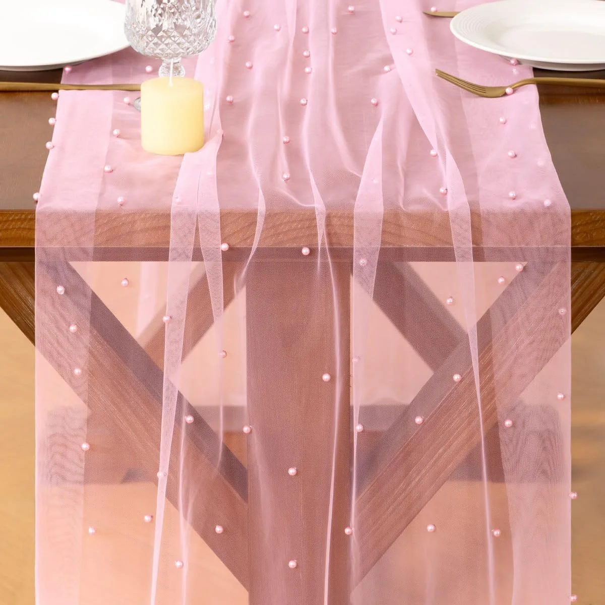 Pink Lace Table Flag with Pearl Detail Bohemian Style Rural Design Wedding Birthday Celebration Arch Veil Sweet Table Decoration