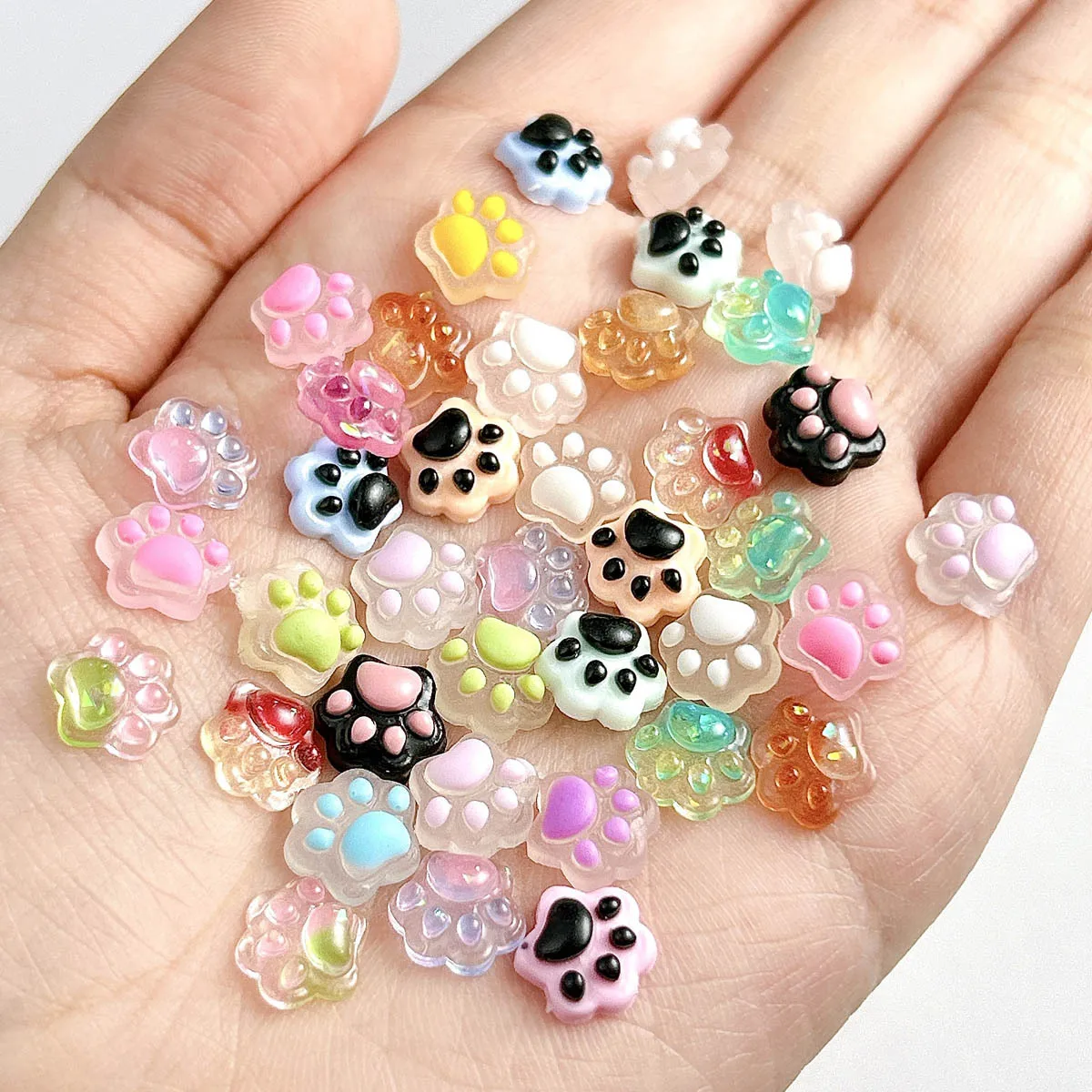 

10pcs Cute Cartoon Mini Cat Paw Charms Nail Art Accessories 3D Semi Transparent Flat Bottom Rhinestones Nail Decoration Supplies