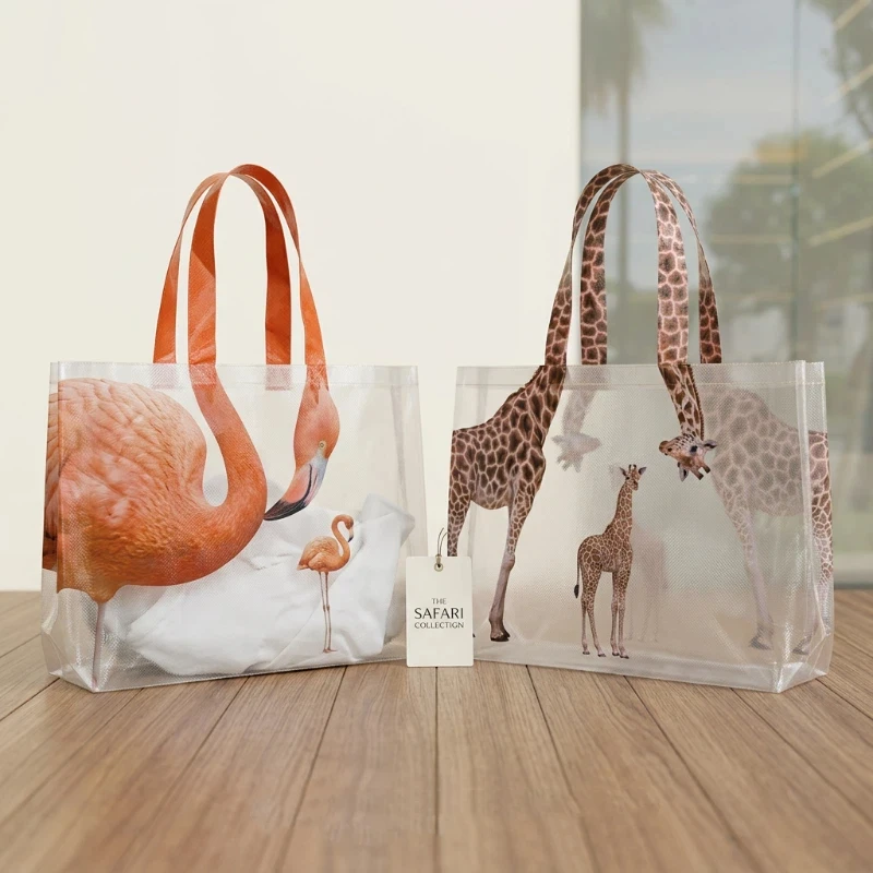 Cute Cartoon Giraffe Tote Bag European American Large Capacity Transparent Waterproof Shoulder Bag Fashion Foldable Shopping Bag