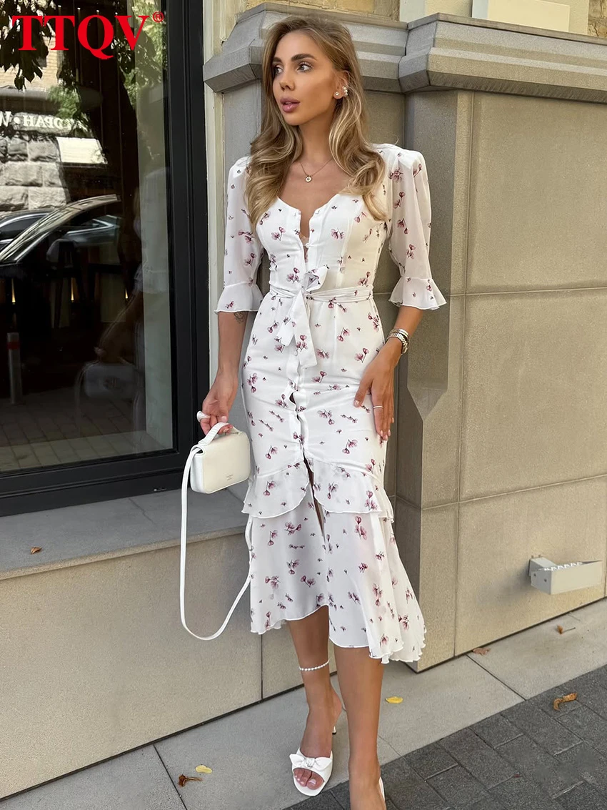 

TTQV Sexy Slim Print Women's Dress 2026 Summer V-Neck Short Sleeve Midi Dresses Lady Elegant Classic Lace-Up Female Dress
