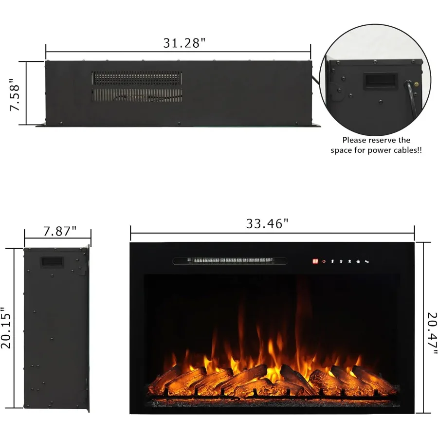 33 in Electric Fireplace Inserts Wall Mounted and Recessed Fireplace Heater with Remote Control Featuring 8 Flame Colors Adjust