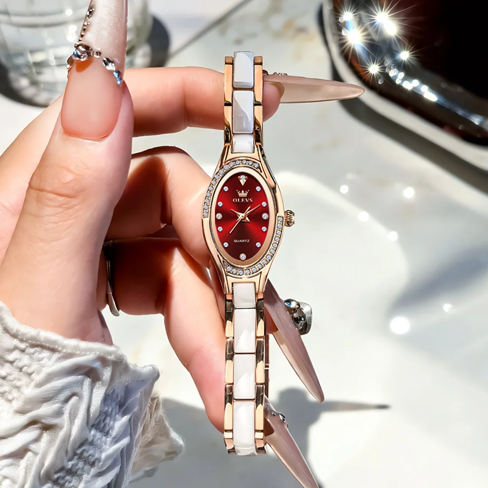 

OLEVS 7131 Элегантные женские часы с кварцевым механизмом, фарфоровым ремешком, водонепроницаемостью 30 м, изысканным циферблатом с бриллиантами, модные часы для женщин