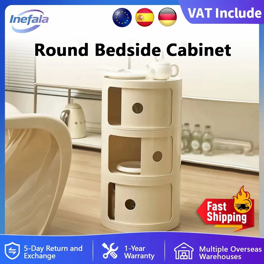 Mesita de noche redonda de 3 niveles Podofo, mesita de noche nórdica de plástico para dormitorio, mesa auxiliar pequeña, mesita de noche con almacenamiento.
