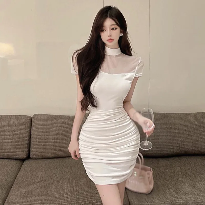 

Женские винтажные Летние повседневные Элегантные платья в стиле пэчворк, уличная одежда в Корейском стиле, модные тонкие соблазнительные платья в эстетике