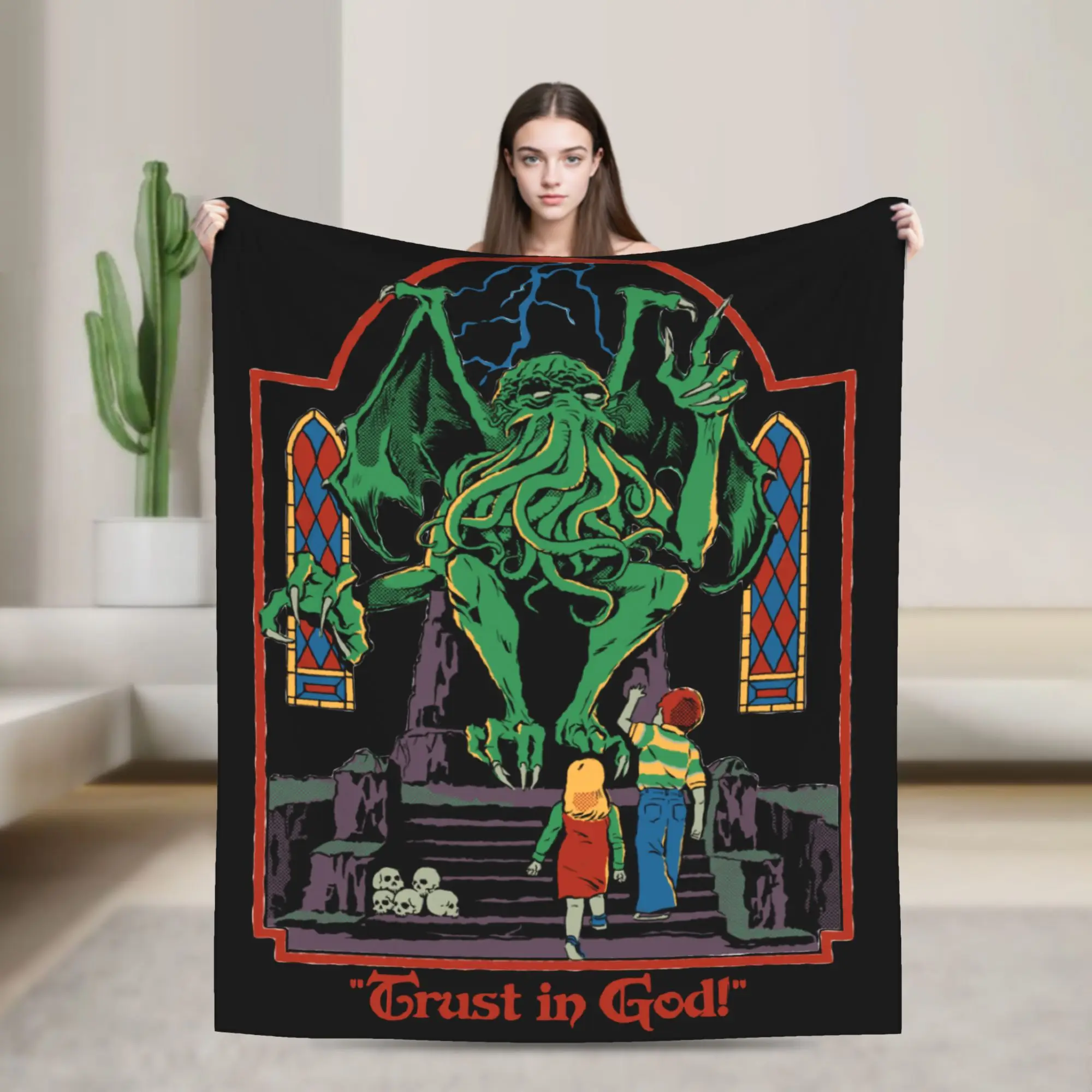 Trust in God Knitted Blanket Flannel Horror Halloween Cthulhu Lovecraft Occult Thin Throw Blanket for Home Couch Bedroom Quilt